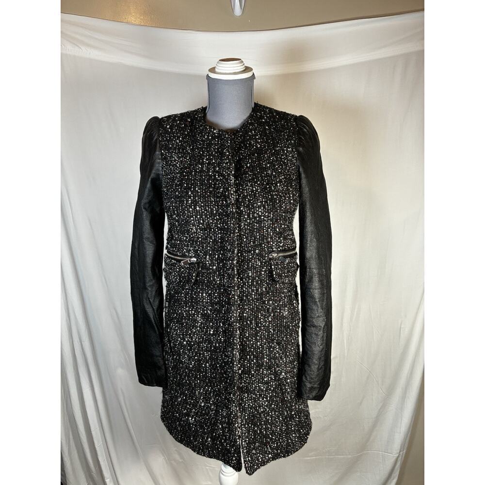 Zara Woman Bouclé Wool Alpaca Mohair XS Black Leather Sleeved lined Coat Jacket
